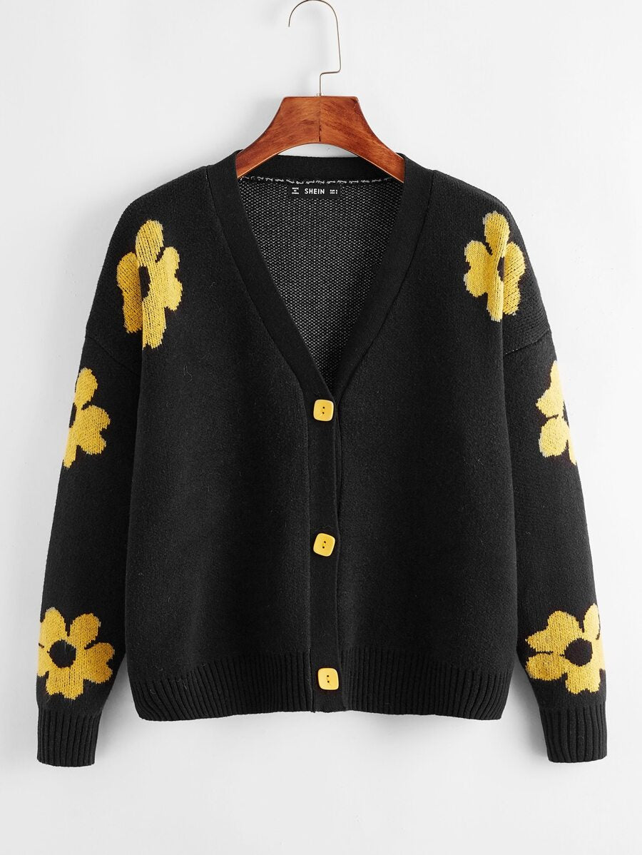 Drop-shoulder Floral Cardigan