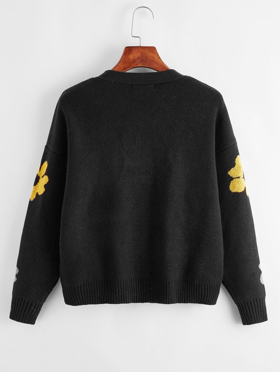 Drop-shoulder Floral Cardigan