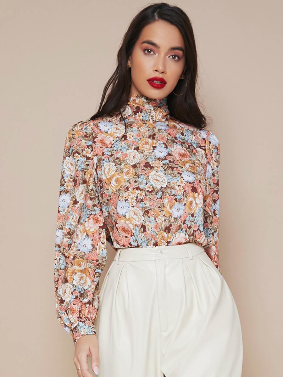 High Neck Lantern Sleeve Floral Top