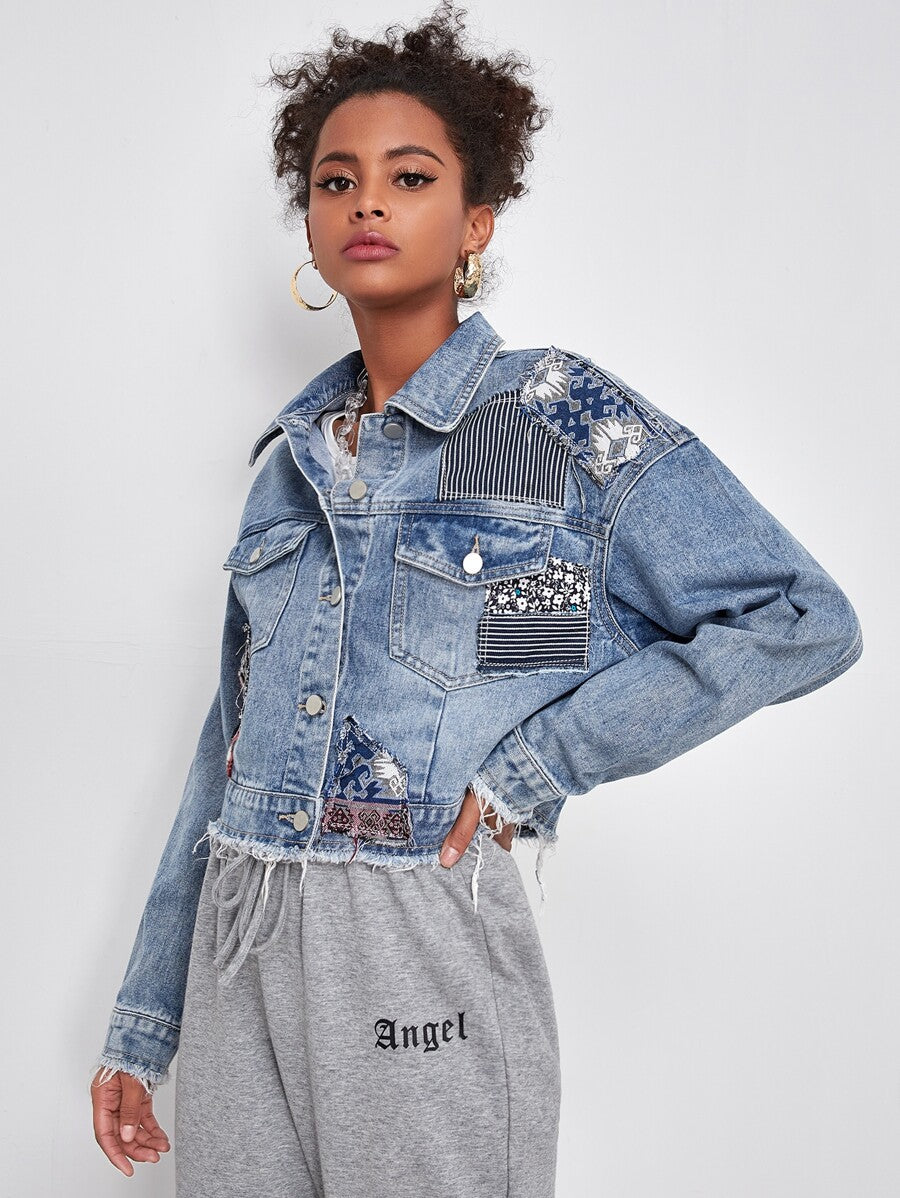 Raw-hem Patched Denim Jacket