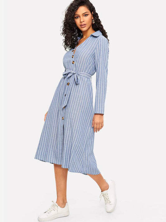 Collared V-Neck Belted Striped Dress