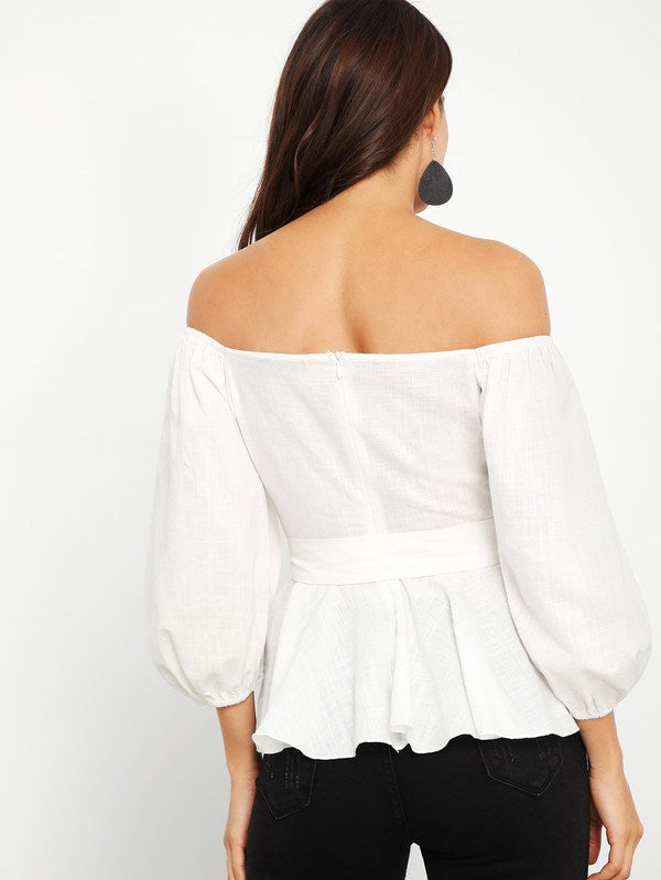 Off Shoulder Tie Wast Peplum Top